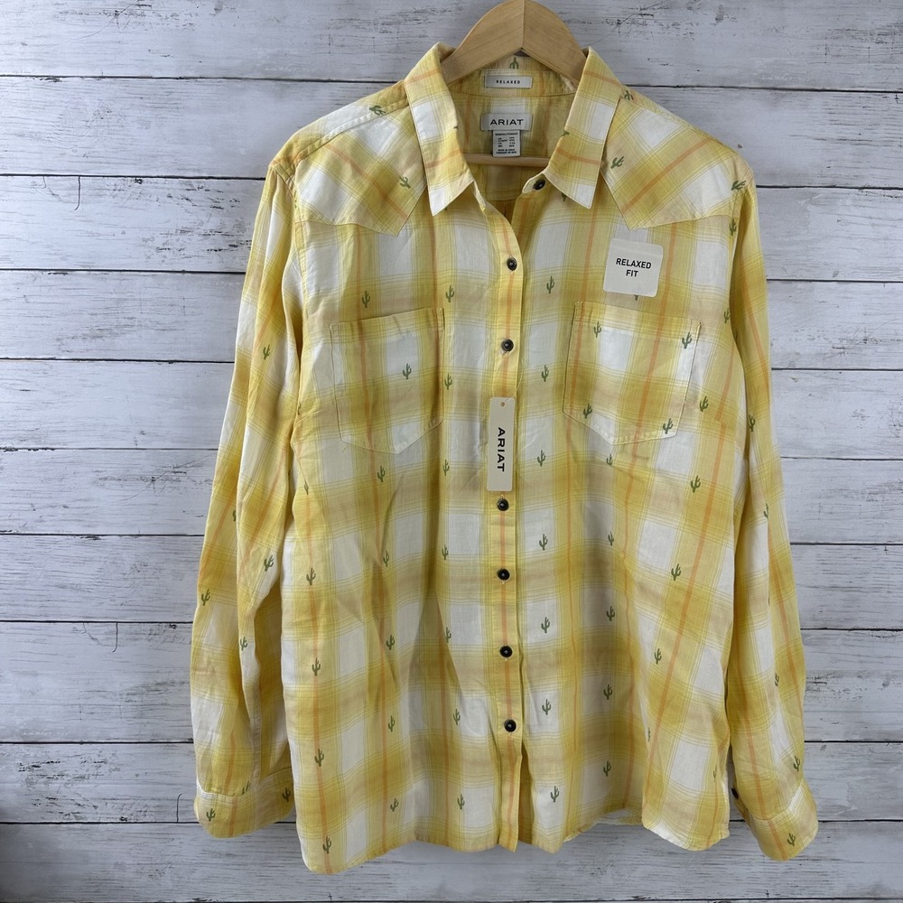 Ariat Billie Jean Button Up Shirt Yellow Plaid Western Cowgirl Womens Size 2XL